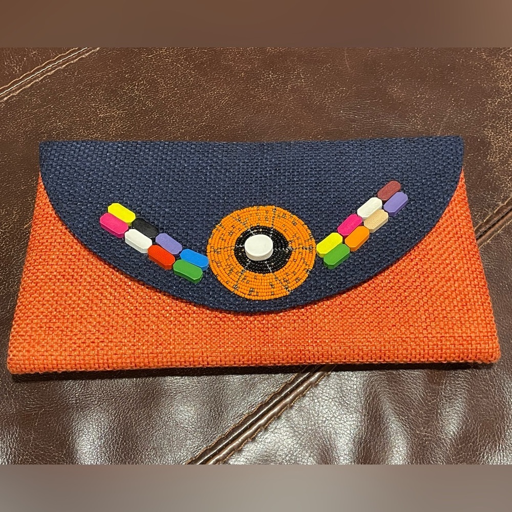 Orange Navy Beaded Envelope Clutch Magnetic Inside Pocket Beach Boho African